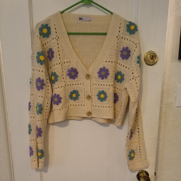 SO Sweaters - SO | Women's Cream Cardigan with Purple and Blue Floral Design